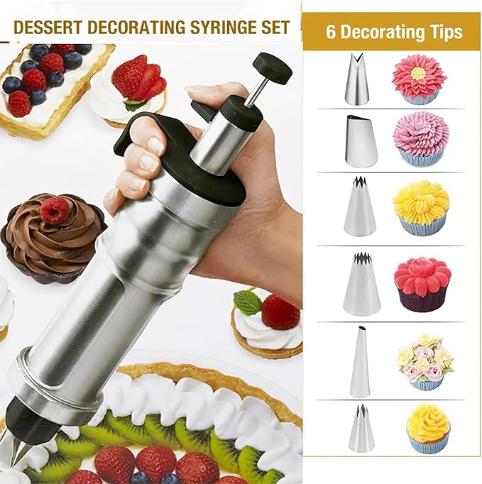 Dessert Decorating Syringe Set,Frosting Piping Kit Stainless Steels Cake Decorating Kit with 6 Icing Piping Tips 3 Cream Scraper for Frosting Cream to Make Cupcakes
