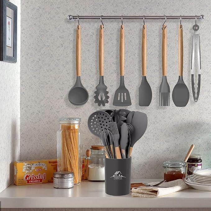 MIBOTE Silicone Cooking Kitchen Utensils Set, 17 Pcs, Wooden Handle, Grey | BPA-Free, Non-Toxic Silicone Turner, Tongs, Spatula, Spoon Set – Great for Nonstick Cookware, Heat-Resistant, Easy Clean - Image 7