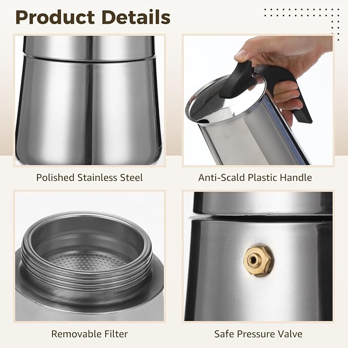 12 Cup 600 ml Moka Pot, Stainless Steel Stovetop Espresso Maker with Anti Scalding Handle, European Percolator Coffee Pot for Home Kitchen, Cafe, Restaurant, Induction, Gas, Electric Stoves - Image 5