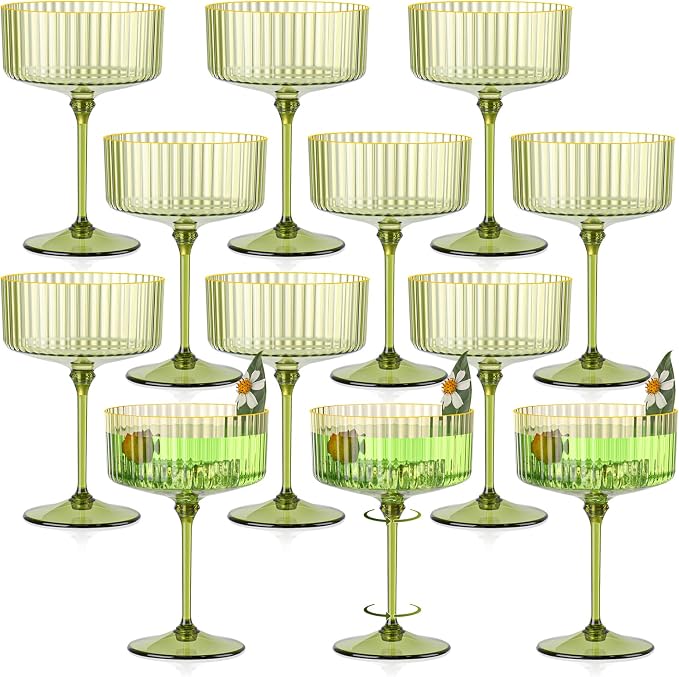 12 PCS Gold Rim Plastic Champagne Coupe Cup Sage Green Ribbed Coupe Glasses 10oz Detachable Espresso Martini Glass Vintage Margarita Glassware Cocktail Glass Set for Baby Shower Christmas Wedding by Unknown