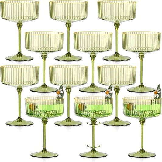 12 PCS Gold Rim Plastic Champagne Coupe Cup Sage Green Ribbed Coupe Glasses 10oz Detachable Espresso Martini Glass Vintage Margarita Glassware Cocktail Glass Set for Baby Shower Christmas Wedding by Unknown