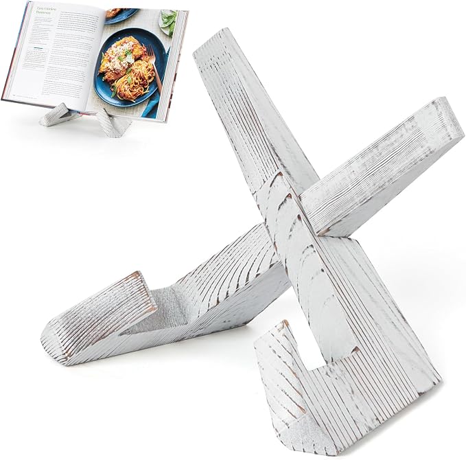 PUERSI Cookbook Stand for Kitchen, Recipe Book Holder for Kitchen Counter | Wooden Cookbook Holder, Rustic Cook Book Holder Stand - Farmhouse White - 1 Set by PUERSI