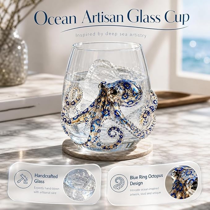 2 pcs Novelty Octopus Tumbler Glass, Artisanal Marine Animal Embossed Cup, Unique Ocean Themed Bar Glassware Gift - Image 3