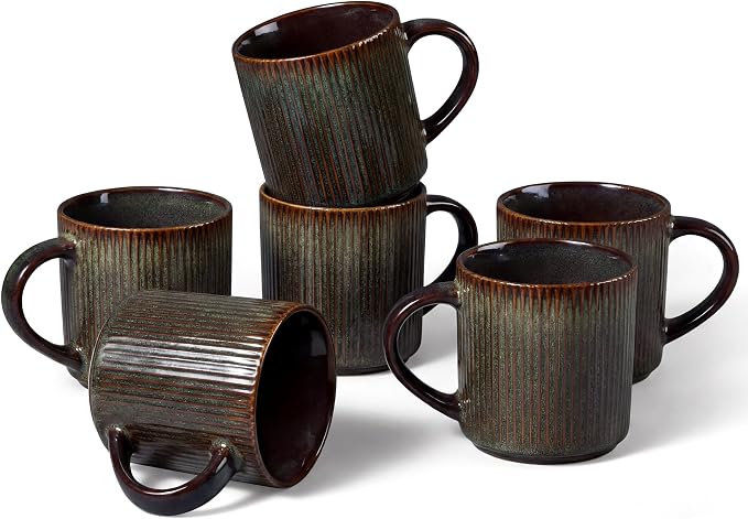 E-far 12 oz Coffee Mugs Set of 6, Stoneware Coffee Cups with Handle for Man Woman, Modern Ribbed Ceramic Tea Mugs for Latte Cocoa Milk, Microwave & Dishwasher Safe, Blackish Green by E-far