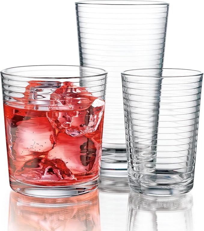 Glaver's Drinking Glasses 24 Piece Glass Set, 8-7 Oz. Highball Glasses, 8-13 Oz. Whiskey Rocks, And 8 7 Oz Juice Glasses. Ideal for Water, Juice, Cocktails, and Iced Tea. Dishwasher safe by Glavers
