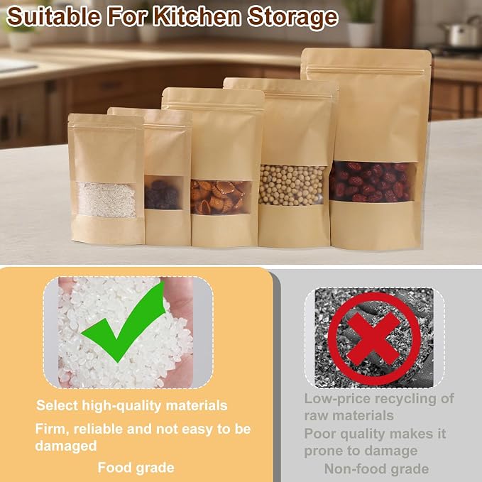 105 Pcs Windowed brown paper Bags，4.7x 7.9 Inch Stand Up Pouches, Zip Lock Food Storage Bags， Reusable Sealing Pouches for Packaging Products(Brown) (4.7 * 7.9in) - Image 8