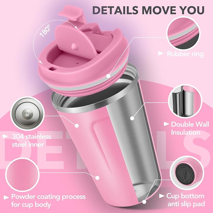 Volhoply 12 oz Double Wall Insulated Vacuum Travel Coffee Mugs with Flip Lid Bulk 2 Pack,Reusable Stainless Steel Leak Proof Coffee Cup,Portable Cafe Thermal Tumbler for Hot & Cold Drinks(Pink,2 Set) - Image 4