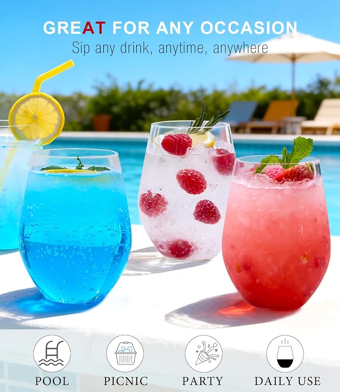 OJA Unbreakable Tritan Plastic Stemless Wine Glasses,16 oz,Set of 6,Outdoor | Shatterproof Wine Glass, Clear, BPA-free, Reusable, Dishwasher-Safe, Drinking Glassware for Poolside, Camping, Party - Image 4