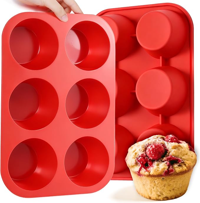 CAKETIME Silicone Jumbo Muffin Pan, 3.5 Inch Silicone Texas Muffin Pan 6 Cup Large Cupcake Pan Nonstick BPA Free Silicone Molds 2 Pack Red by CAKETIME