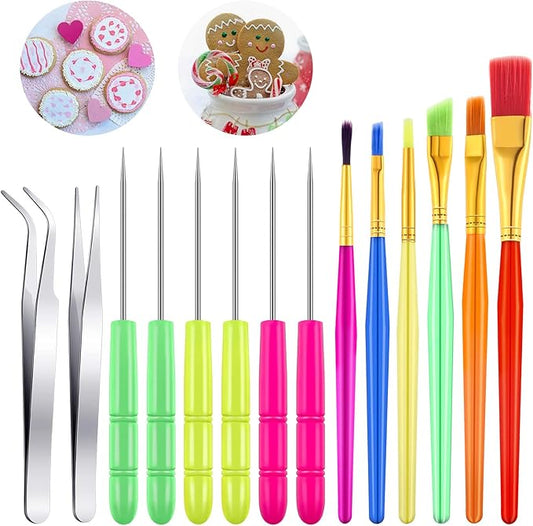 Patelai 14 Pcs Cookie Decorating Tool Set Christmas Fondant Cake Decorating Brushes Scribe Cookie Tool Sugar Stir Needle Baking Elbow and Straight Tweezers for Christmas Sprinkles Supplies for Fondant