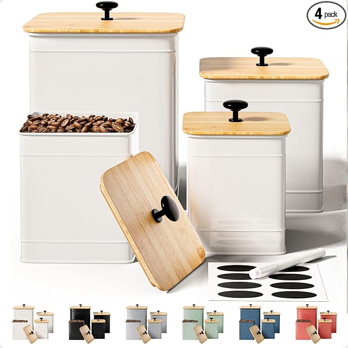 Kitchen Canisters for Countertop Set of 4 w/ Chalkboard Labels & Marker Pen | Airtight Easy Open Bamboo Lids, Dent-Resistant Thick Metal, Customizable Chalkboard Labels, Marker Pen Included, Set of 4 by HBDesignCo