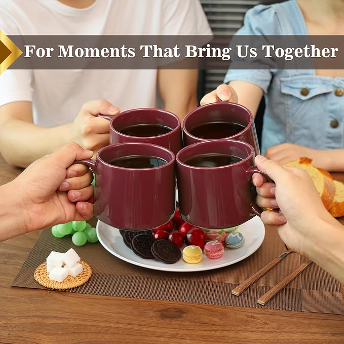 Coffee Mugs Gift Set of 4, Large 19 oz Stackable Ceramic Coffee Mug, Coffee Cups with Large Handle for Latte, Cappuccino, Milk, Tea, Dishwasher & Microwave Safe, Ideal Gift for Men, Women - Red - Image 7