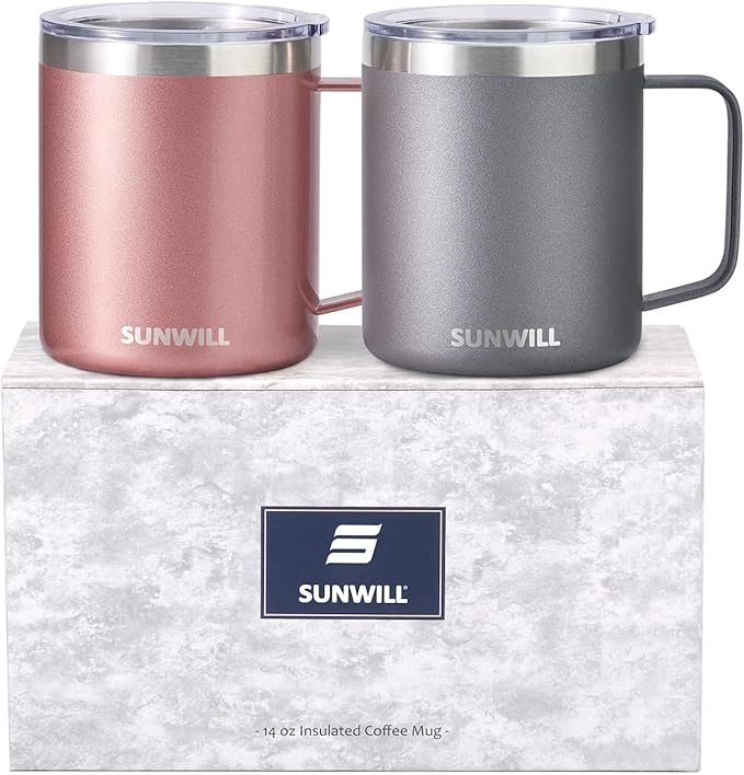 SUNWILL Travel Coffee Mug with Lid, Insulated Tumbler with Handle, 14 oz Stainless Steel Cup Set of 2 for Camping, Outdoor, Cool Grey & Rose Gold 2 Pack by SUNWILL