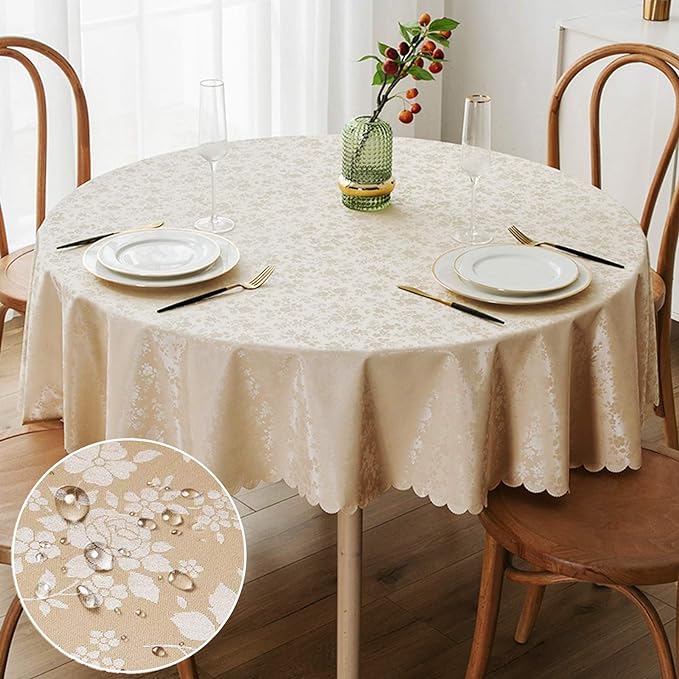 Smiry Round Waterproof Heavy Duty Vinyl Tablecloths, 60 x 60 Inch | Wipeable Washable Floral Embossed Table Cover for Kitchen and Dining Room, Indoor & Outdoor Use, Beige by Smiry
