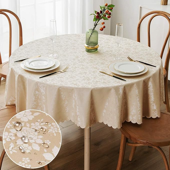 Smiry Round Table Cloth, Waterproof Heavy Duty Vinyl Tablecloths, Wipeable Washable Table Cover for Kitchen and Dining Room (Beige, 70" Round) | Wipeable Washable Floral Embossed Table Cover for Kitchen and Dining Room, Indoor & Outdoor Use, Beige by Smiry