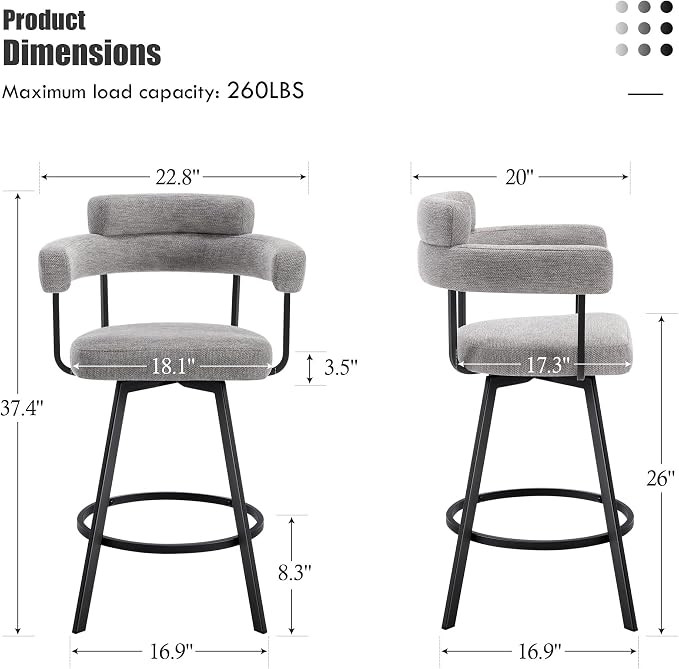Flouki Swivel Bar Stools with Backs and Arms, Modern Bar Stools Set of 2 for Kitchen Island, 26" Upholstered Linen Counter Height Bar Stools for Kitchen Counter, Dining Room, Grey - Image 2