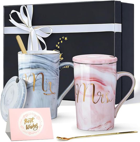 Jumway Wedding Gifts for Couples 2026, Gifts for Bridal Shower Engagement Bride and Groom Anniversary -Ceramic Marble Coffee Mugs with Real Gold Mr/Mrs Letters 14 Oz Pink by Jumway