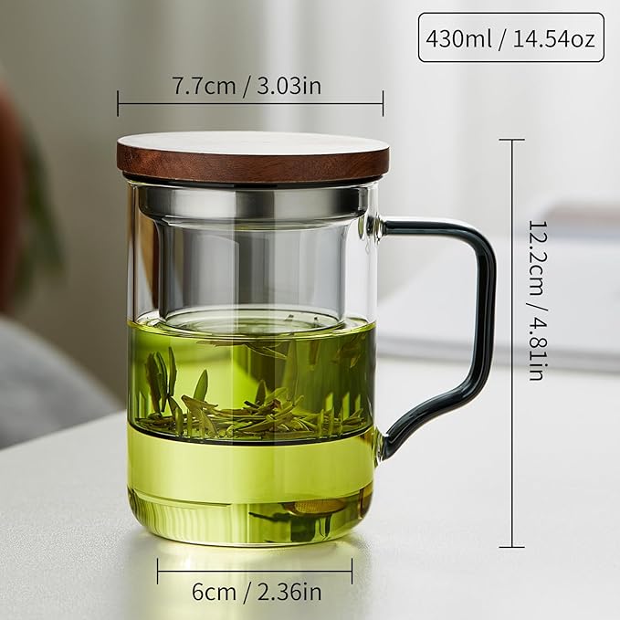 Glass Tea Cup with Infuser and Lid, 14.5oz/430ml Large Borosilicate Teacup, Clear Mug for Loose Leaf Tea,Birthday Gift for Women and Man