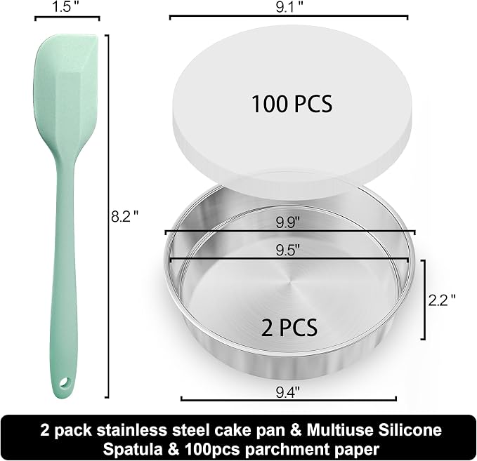 9½ Inch Round Cake Pan, 2PCS Stainless Steel Cake Pans &100 Parchment Paper | Nonstick Circle Round Cake Pans Tins for Birthday Baking Layer Cake, Healthy & Non-Toxic, Silicone Spatula & Dishwasher Safe - Image 3
