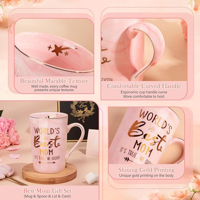 Mothers Day Birthday Gifts for Mom from Daughter Son - 14Oz Funny Best Mom Mug with Gold Print, Unique Pink Marble Coffee Cup with Lid Spoon Greeting Card, Happy Moms Gifts Idea, Luxury Gift Boxed Set - Image 4