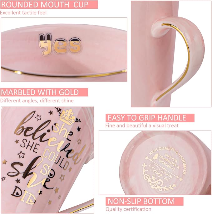 Graduation Gifts for Her 2026 - She Believed She Could So She Did Mug - Valentines Spiritual Motivational Congratulations Gifts for Women, 14oz Pink Ceramic Marble Gold Print Coffee Cup, Nicely Boxed - Image 3