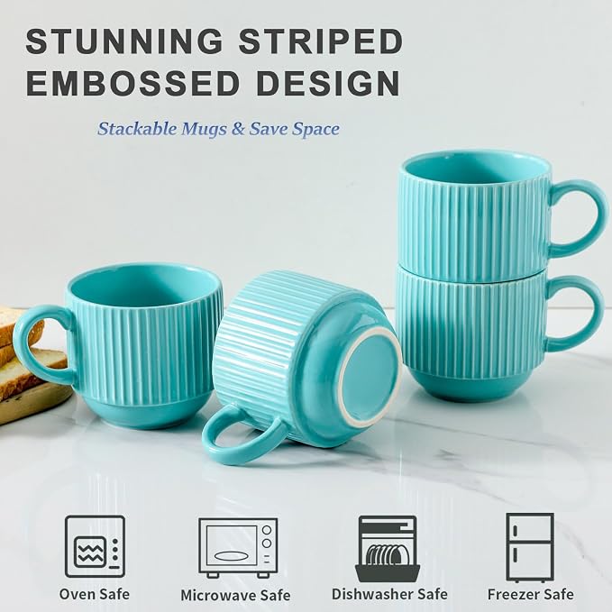 Hasense 15 oz Coffee Mug Set of 4 with Stand - Stackable Large Ceramic Ribbed Latte Cup Set for Cappuccino, Tea, Hot Cocoa, Drinks - Dishwasher & Microwave Safe, Turquoise - Image 4