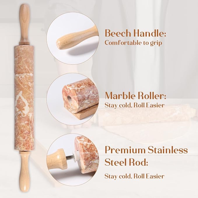 Marble Rolling Pin, Non-Stick Polished Dough Roller, Pasta, Dumpling, Ravioli, Fondant,Pie Crust, Kitchen Baking Pastry Tools Red Marble - Image 4