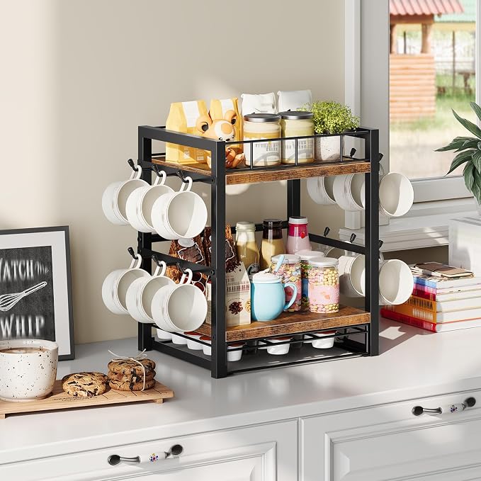 HOOBRO Coffee Mug Cup Holder, Tree Bar Station Organizer for Countertop, 12 Hooks Mug Stand Rack with Sliding Drawer for 30 K-Cup Pods, 2 Tier Mug Display Stand, Rustic Brown and Black BF11TL01 - Image 4