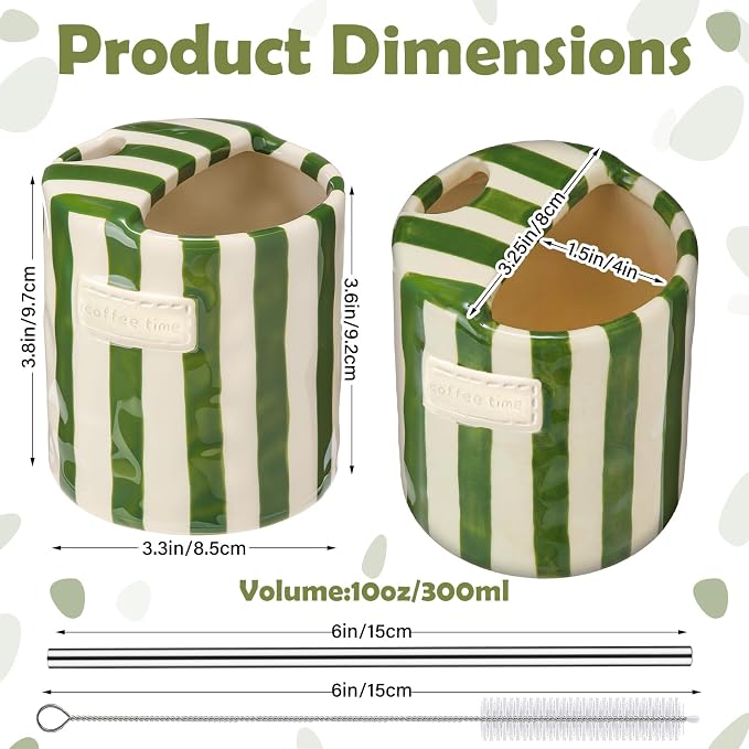 1 Pack Ceramic Coffee Mug with Sip Hole Espresso Cup 10oz with Straws Retro Hand Painted Striped Ceramic Iced Coffee Tea Travel Mug Latte Cup for Kitchen Dining (Simple,Green) - Image 2