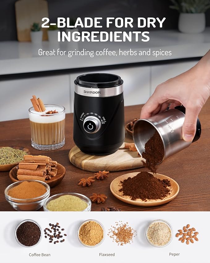 SHARDOR Electric Super Silent Blade Coffee Grinder, Timed Grind Control Rotary Knob, Adjustable Coarse to Fine for Coffee Beans, Spices & Herbs, with 2 Removable Stainless Steel Bowl, Black