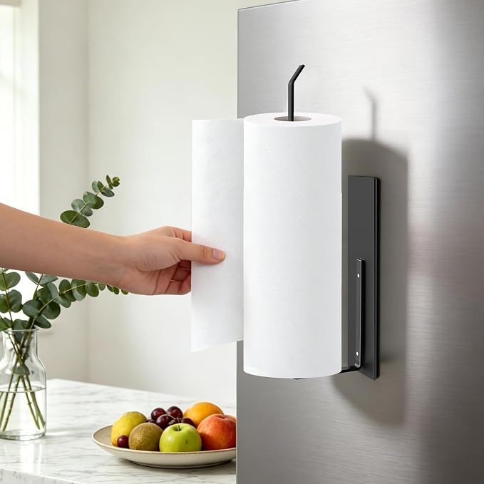 Paper Towel Holder Black, Toilet Paper Roll Holder Magnetic Towel Rack Wall Mount Fridge Organizer Shelf for Towels Rolls Bar Bathroom Toilet Pantry RV Essentials Kitchen Organizers and Storage 2 Pack - Image 7
