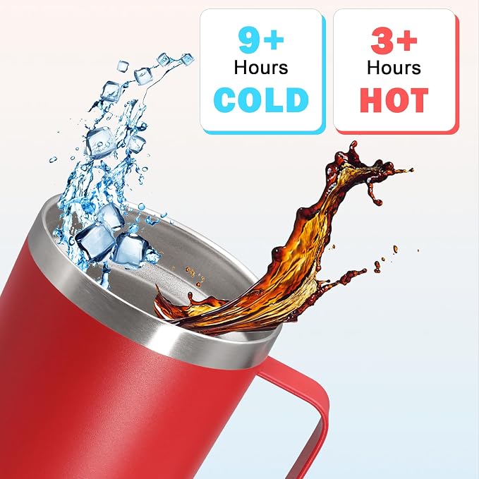 20 oz Tumbler with Handle and Lid Insulated Travel Coffee Mug Red 1P | Stainless Steel Tumbler, coffee tumbler with handle,Spill Proof Double Wall Vacuum Tumbler Cup Keep Drink Hot & Cold - Image 4