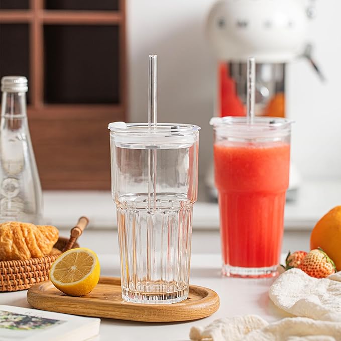 INSETLAN 20oz Clear Glass Cups & Tumbler Set with Lids & Straws – 2-Pack, Reusable Drinking Cups for Iced Coffee, Smoothies, Tea, Juice, Leak-Proof, Spill-Proof, Ideal for Home and Outdoor Use