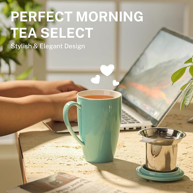 Sweese 15oz Porcelain Tea Mug with Infuser and Lid – Microwave Safe, Ergonomic Handle, Lead-Free Glaze, for Loose Leaf Tea Mint Green; - Image 4