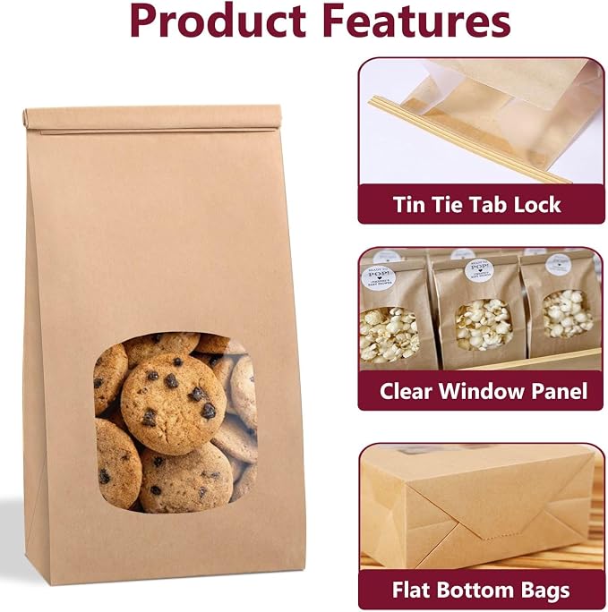Brown Paper Bakery Bags with Window for Cookies, 4.5x2.36x9.6 inches, 40 Pack with Tin Tie Tab Lock, Brown Paper Bags for Cookie Coffee Bread Bakery Packing - Image 3