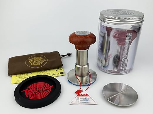 The Force Tamper Automatic Impact Adjustable Constant Pressure and Autoleveling Coffee Tamper Reddish Brown Jellyfish Wooden Handle Set Pro (Flat-Distribute Set, 54.00mm)