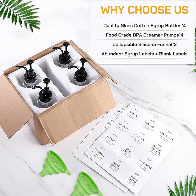 Coffee Bar Accessories,MHDCLY Coffee Syrup Dispenser - 4pack,16.9oz Syrup Dispenser with Labels ，Syrup Pump Dispenser for Coffee Bar(Black pump)