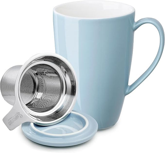 Sweese 15 OZ Porcelain Tea Mug with Infuser and Lid, Loose Leaf Tea Cup, Gifts for Tea Lover, Bluish Grey by Sweese