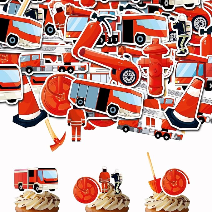 Fireman Themed Edible Wafer Paper Cake & Cupcake Toppers 80pcs Firefighter Decorations for Kids Birthday Party Fire Truck, Helmet, Flame, Fire Hydrant Designs Easy Cake Decorating Supplies by KSINWCOI