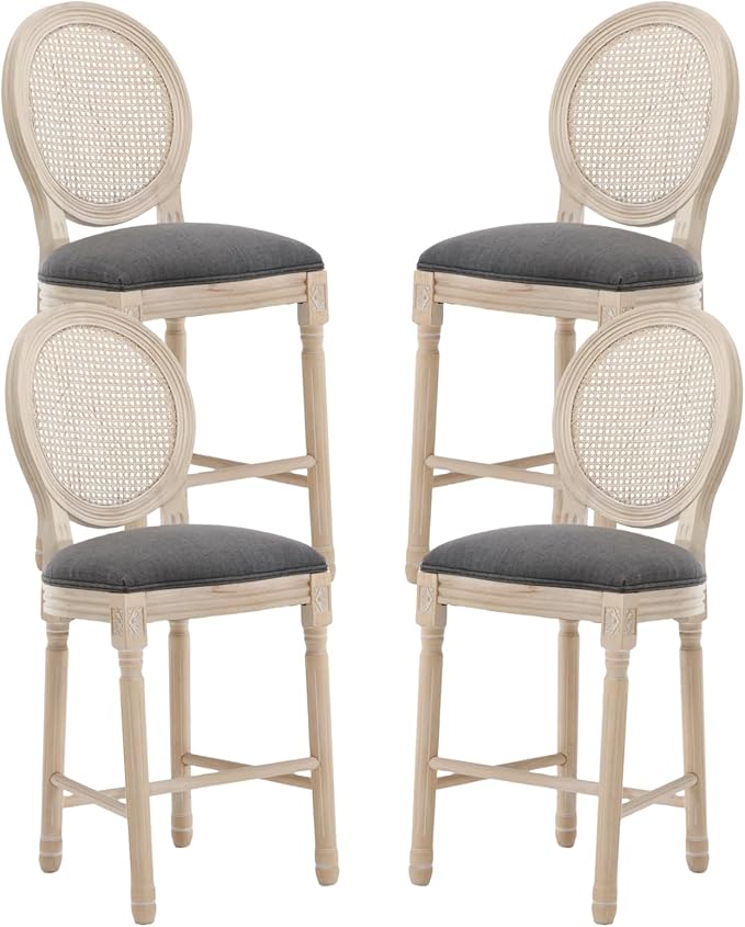 French Country Barstool, Linen Farmhouse Counter Height Chair | Set of 4, with Rattan Round Back and Solid Wood Legs, Oval Chairs for Restaurant, Bar, Kitchen, Café, Dark Grey by RCDDFurniture