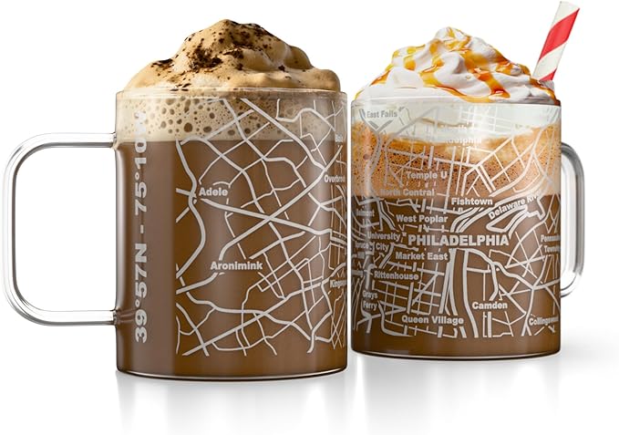 Greenline Goods – Philadelphia, PA Map Glass Coffee Mugs (Set of 2), 16 oz – Etched Wrap Design