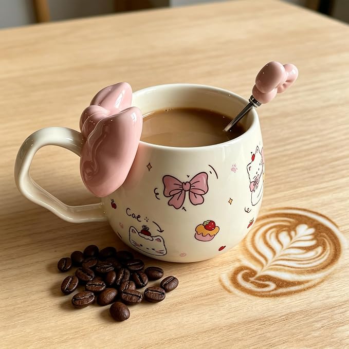 DTIUYIOP-Kawaii White Cute Cat Ceramic Coffee Mug with 3D Pink Bow & Bow Spoon, Curved Large Handle Kitty Tea Cup, Cute Aesthetic Gift for Girls Women Cat Lovers Birthday Christmas - Image 3
