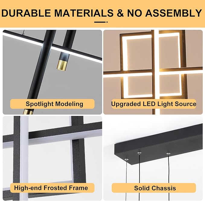 ORANOOR Modern LED Chandeliers, 39inch Dimmable Linear Black Pendant Lights | 39in Square Black Gold Dining Room Hanging Light Fixture, Kitchen Island Pendant Light for Dining Table Bar (3000lm/ 50W) - Image 3