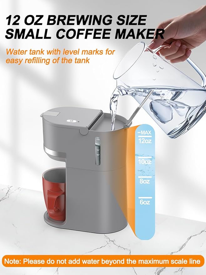 Single Serve Coffee Maker for K-Cup and Ground Coffee, Fast Brew, 6-12 oz Brew Sizes One Cup Coffee Machine Fits 5.5" Mugs, One-Button Small Coffee Maker with Descaling Reminder,Grey - Image 4