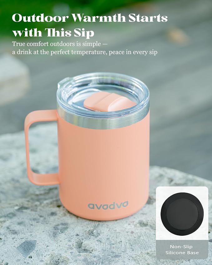 12oz Insulated Coffee Mug with Lid – Includes Two Lids, Stainless Steel Coffee Travel Mug with Handle, Double Wall Vacuum Insulated Camping Mug for Home, Office & Outdoor, Orange - Image 6