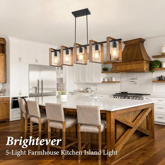 53’’ Farmhouse Kitchen Island Lighting, 5-Light Adjustable Dining Room Light Fixtures, Rustic Wood Chandeliers Black Hanging Light Fixtures for Kitchen, Pool Table Lights, Bulbs Not Included - Image 9