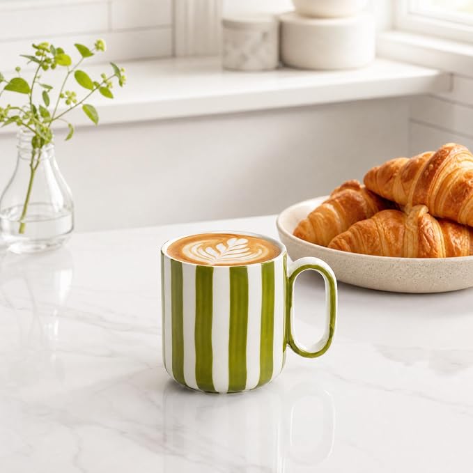 Ceramic Coffee Mugs Set of 4, 8.5 oz Stoneware Coffee Cups with Handle | Small Aesthetic Green Stripe Latte Tea Mug for Latte Tea Hot Chocolate, Microwave and Dishwasher Safe (8.5 oz) - Image 5
