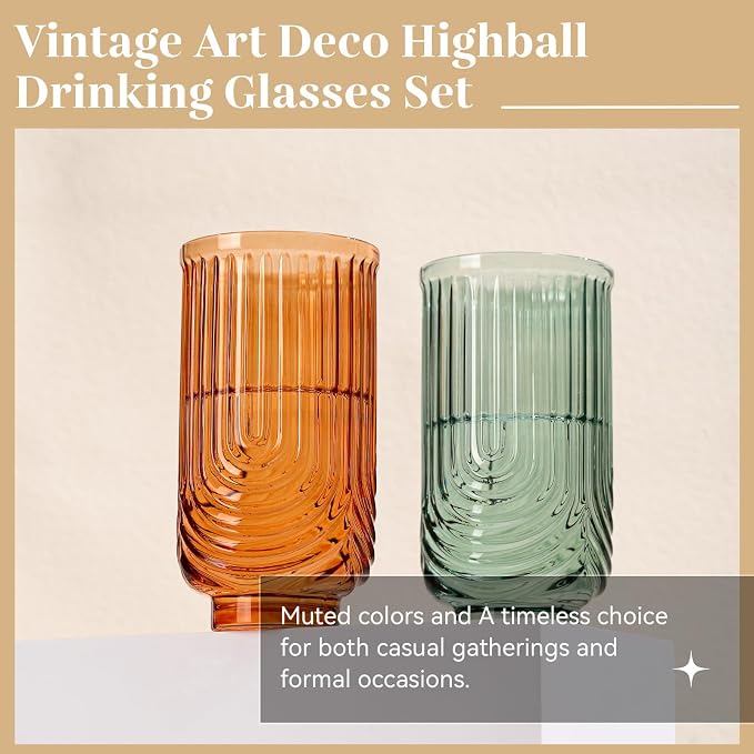 Colored Vintage Drinking Glasses Set of 6-17oz Hand-Blown Highball Ribbed Glassware, Arch Design Cocktail Glasses for Whiskey Water Beverages Ice Coffee Juice Milk - Image 5