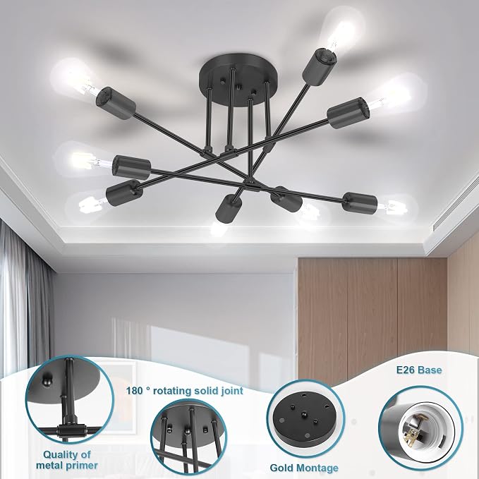 CANMEIJIA Sputnik Light Fixture, 8-Lights Black Sputnik Chandelier, Modern Ceiling Lights, Semi Flush Mount Ceiling Lights Fixture for Bedroom, Dining Room, Kitchen, E26 Base, Bulbs Not Included - Image 3