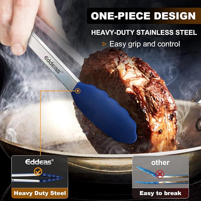 Tongs For Cooking - Kitchen Tong with Silicone Tip 7", 9", 12" Blue | 600°F Heat Resistant Silicone Tong, All Metal handle Locking Tongs with Silicone Tips, Heavy Duty Stainless steel - Image 2